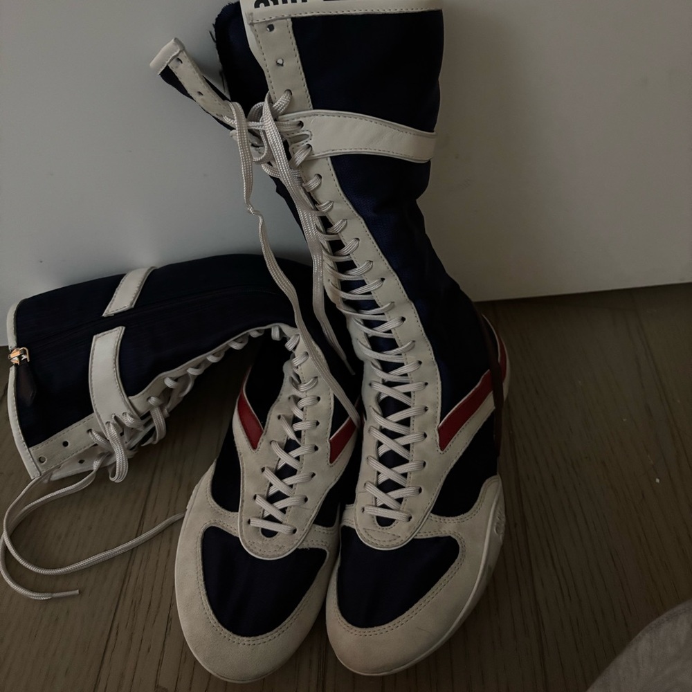 Miu Miu Navy, White and Red High-Top Lace Boots